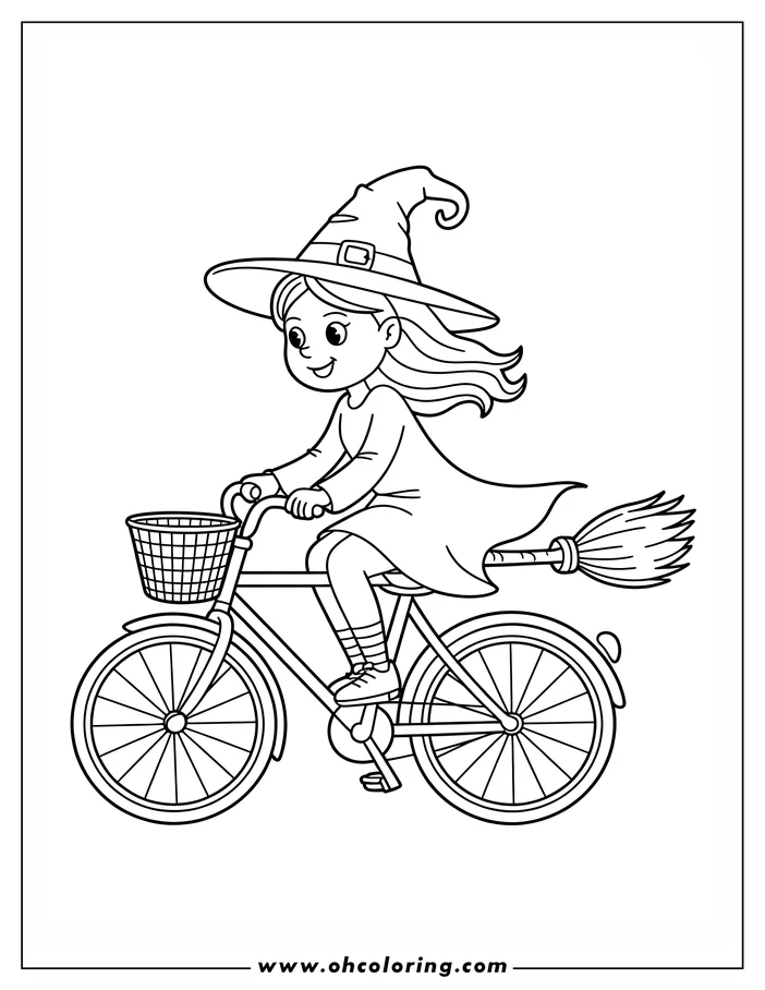 Line art of a witch riding a bicycle. She wears a pointed hat and a flowing cape, her broom attached to the back. The bicycle has a basket on the front. This is a coloring sheet design, ideal for a Halloween activity.