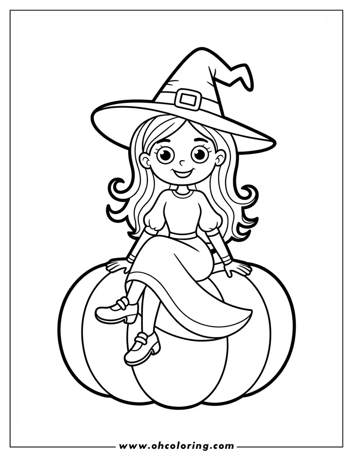 Line art of a smiling witch sitting on a large pumpkin. She wears a pointed hat and a simple dress, and her hair curls at the ends. This is a coloring sheet design perfect for Halloween.