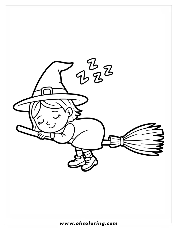 Line art of a witch sleeping peacefully on her broomstick. She wears a pointed hat and a simple dress, with her hair visible beneath the hat. Three Zs float above her head, signifying sleep. This is a design for a coloring sheet.