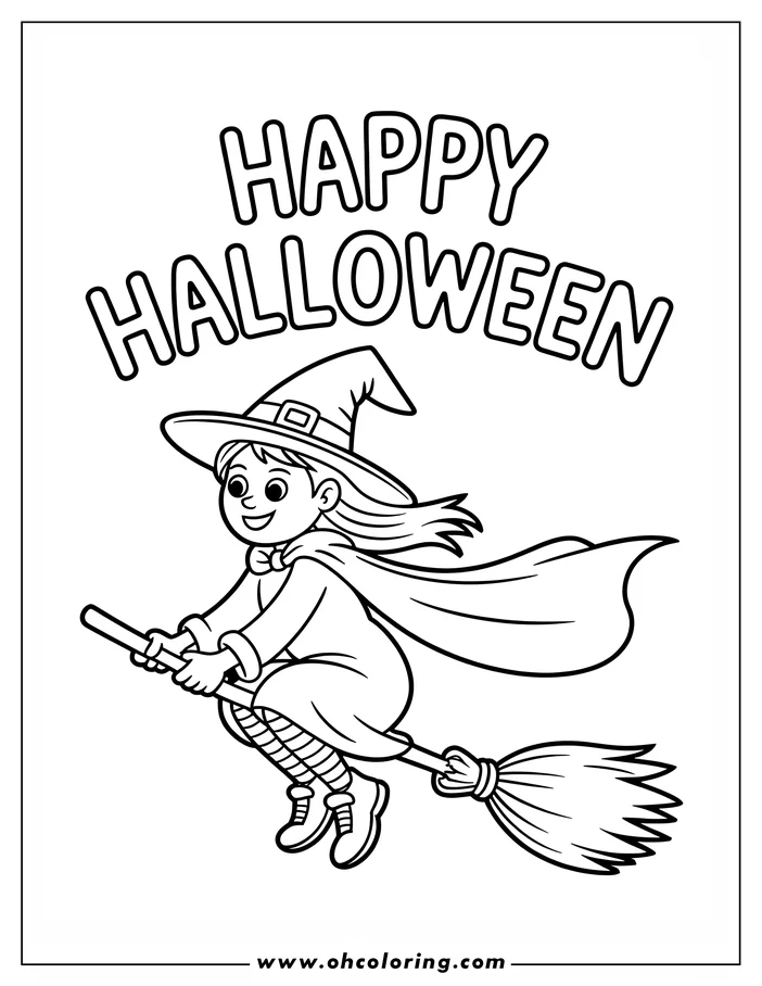 Line art of a witch soaring through the air on a broomstick. She wears a pointed hat and a flowing cape, and the words 'Happy Halloween' appear above her. This is a Halloween-themed coloring sheet design.
