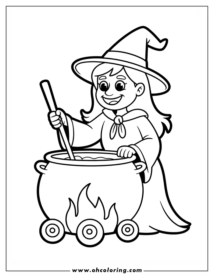 Line art of a witch stirring a cauldron over a fire. This coloring sheet design features the witch wearing a pointed hat and robe, holding a large spoon, with the cauldron set on wheels.  Ready for coloring.