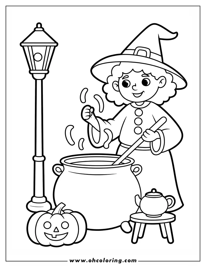 Line art of a witch stirring a potion in a cauldron. She wears a pointed hat and robe, and a jack-o'-lantern sits nearby, creating a Halloween scene. This is a coloring sheet design.