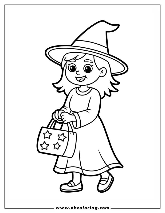 Line art of a friendly witch carrying a star-decorated bag.  She wears a pointed hat and a long dress, perfect for a Halloween coloring sheet design.