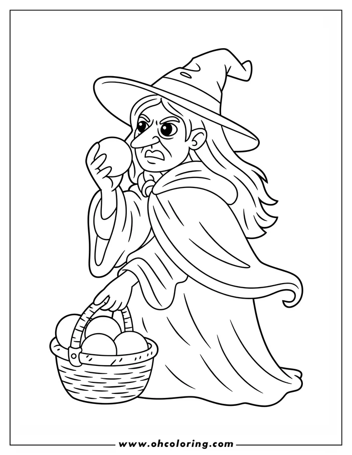 Line art of a witch with a pointed hat and flowing robe.  She examines a round object in one hand and carries a basket full of similar objects in the other. A simple drawing for coloring.
