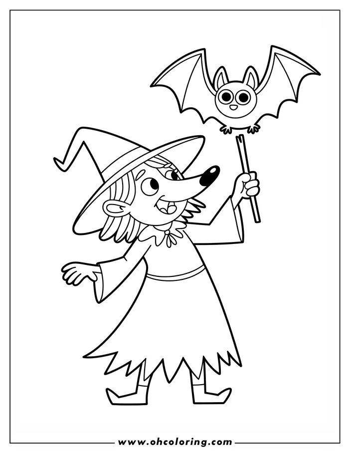 Line art of a witch holding a stick with a bat perched on it. The witch wears a pointed hat and a long dress, a simple coloring sheet design.