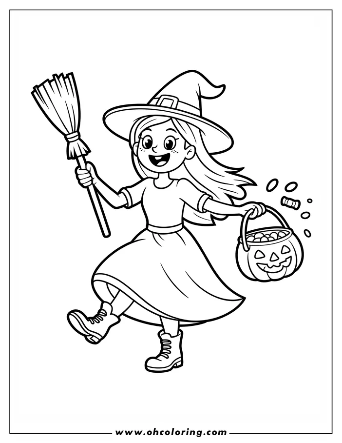 Line art of a witch, wearing a pointed hat and carrying a broom and a pumpkin-shaped candy basket, skipping along. This drawing is designed as a coloring sheet.