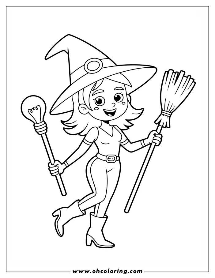 Line art of a smiling witch holding a broom and a light bulb on a stick. She's wearing a pointed hat, a v-neck shirt, belted pants, and heeled boots, perfect for a Halloween coloring activity.