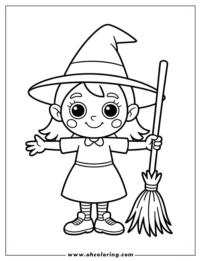 Line art of a friendly witch holding a broom. She wears a pointed hat, a simple dress, striped stockings, and shoes. This is a drawing designed for coloring.