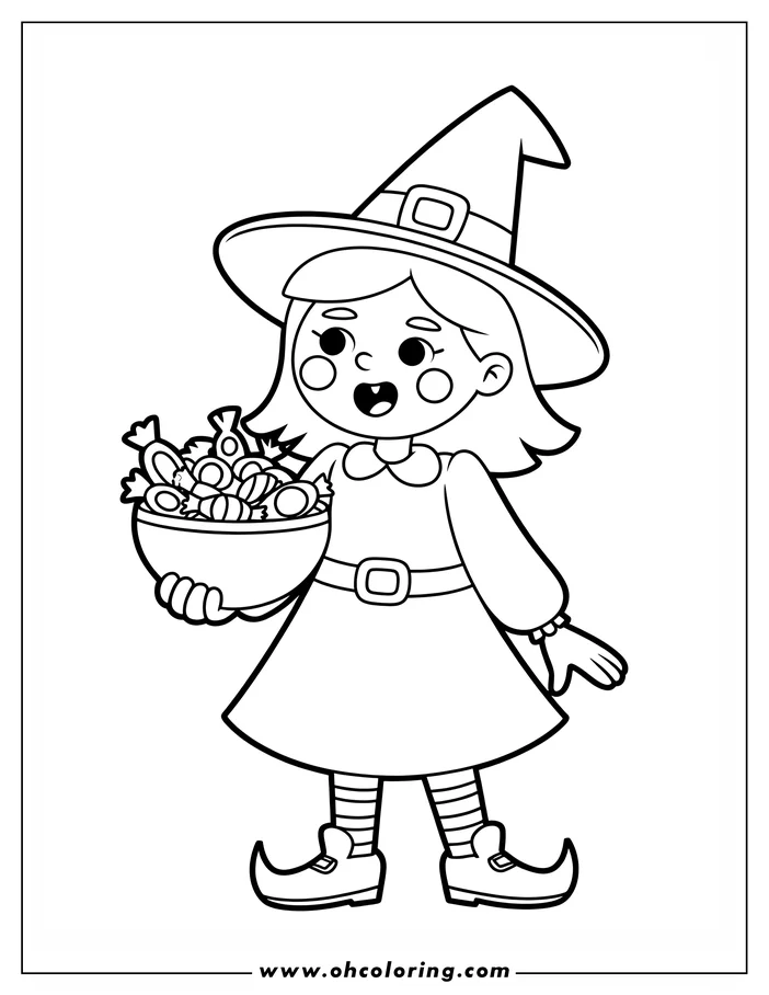 Line art of a friendly witch holding a bowl of candy. She wears a pointed hat, a dress with a collar and belt, and buckled shoes. This is a coloring sheet design.