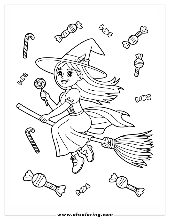 Line art of a smiling witch holding a lollipop and riding a broomstick. She wears a pointed hat and a long dress. Various candies and candy canes surround her in the air.  A fun coloring sheet design for Halloween.
