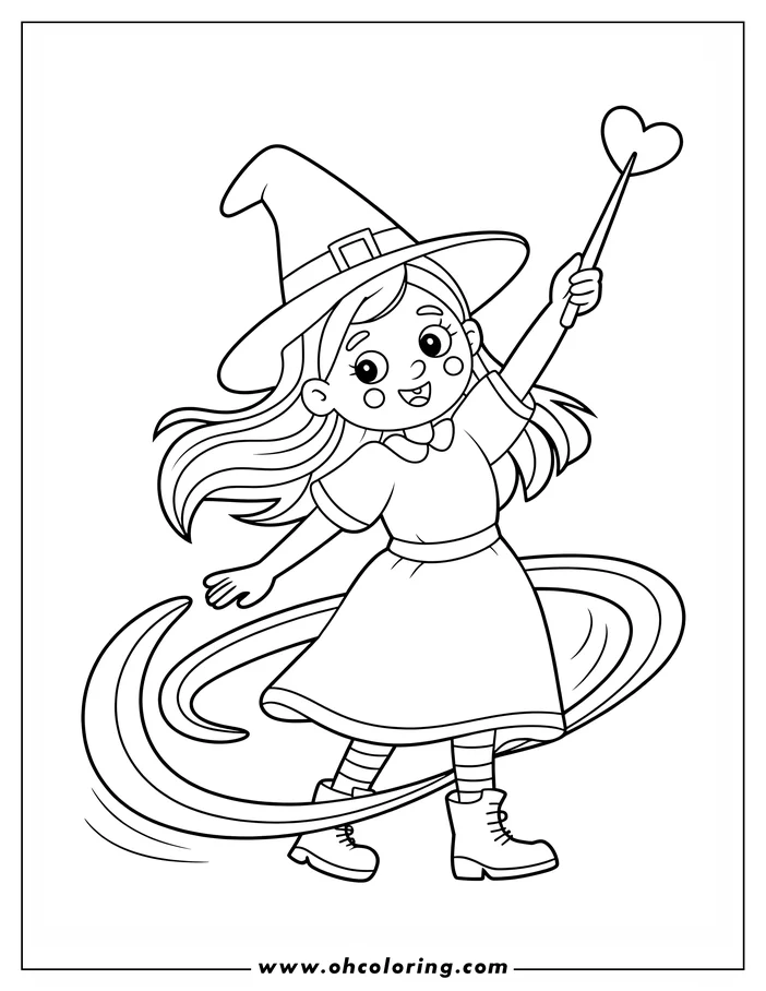Line art of a smiling witch holding a heart-topped wand, dressed in a pointy hat, dress, and striped stockings. Swirling lines around her suggest magic. This is a coloring page design.
