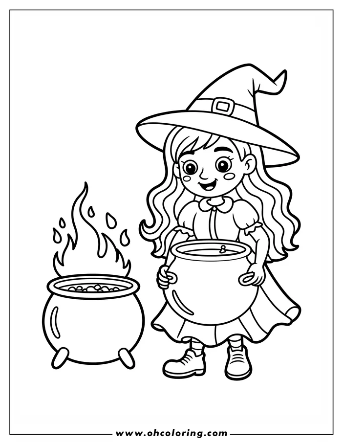 Line art of a witch holding a cauldron filled with potion. A second cauldron bubbles over a flame.  This coloring sheet design features the witch in a pointed hat and flowing dress. Perfect for Halloween coloring.