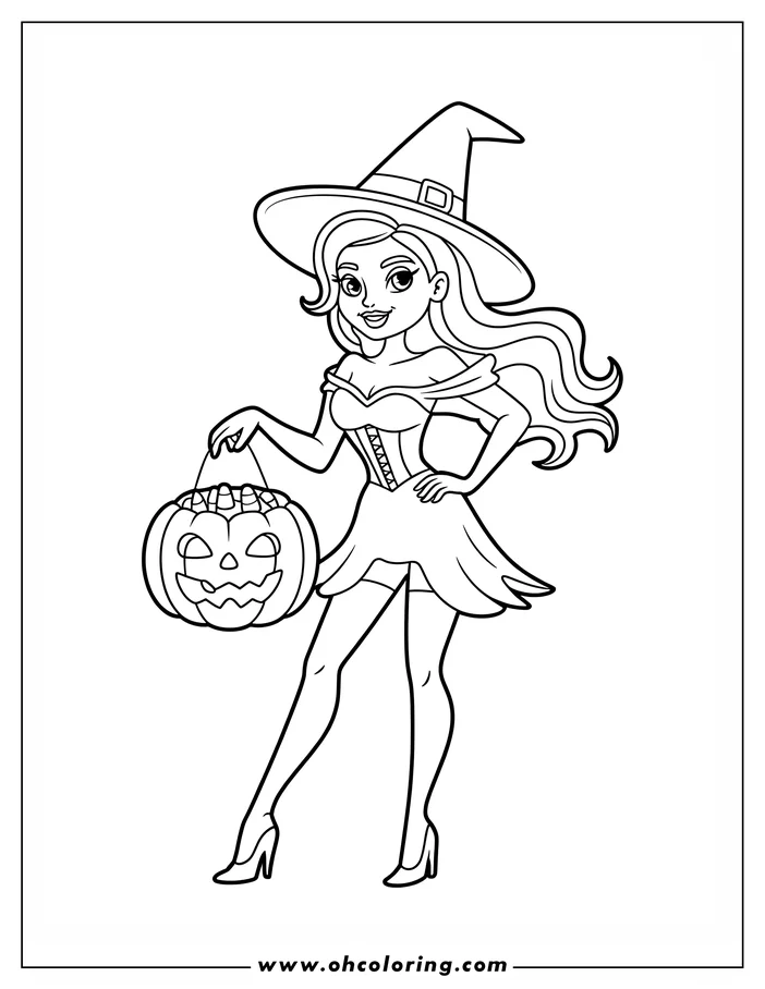 Line art of a stylish witch holding a pumpkin basket filled with candy. She's dressed in a pointed hat and a fashionable off-the-shoulder dress, and her long hair flows freely. This is a coloring sheet design perfect for Halloween activities.