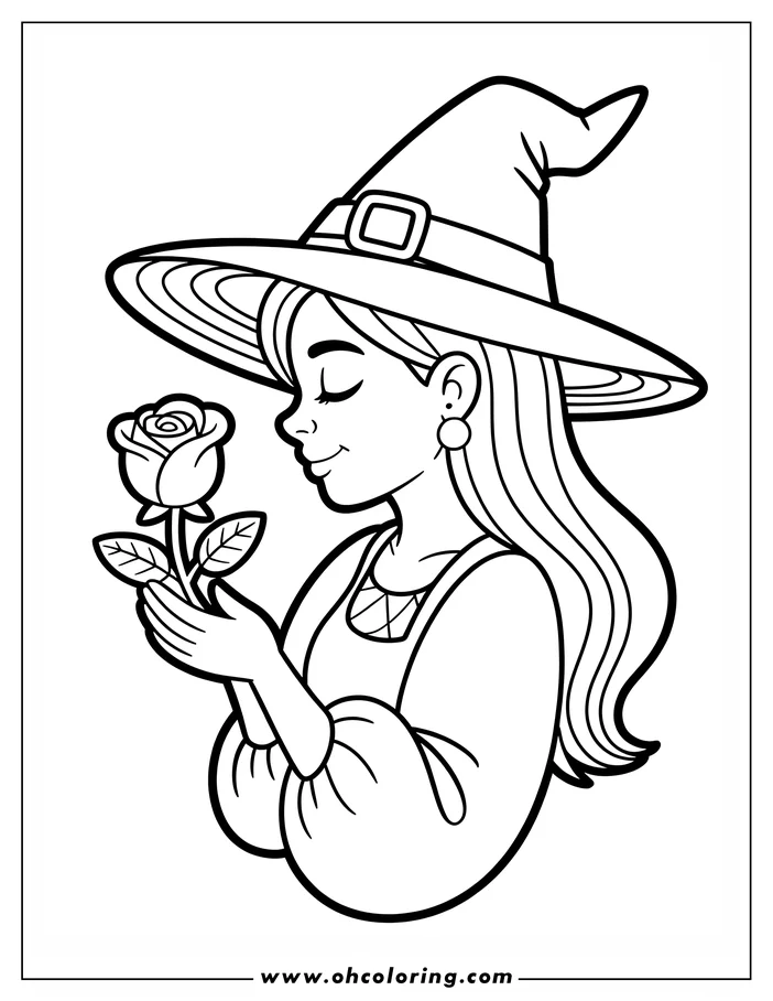 Line art of a witch holding a rose. She wears a pointed hat and has long hair, her eyes closed in a peaceful expression. This simple drawing is perfect for a coloring sheet design.