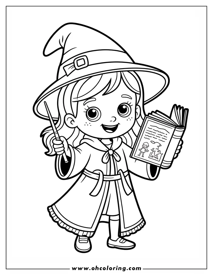 Line art of a smiling witch holding a magic wand and an open spell book, dressed in a pointed hat and flowing robe.  This detailed drawing is designed as a coloring sheet.