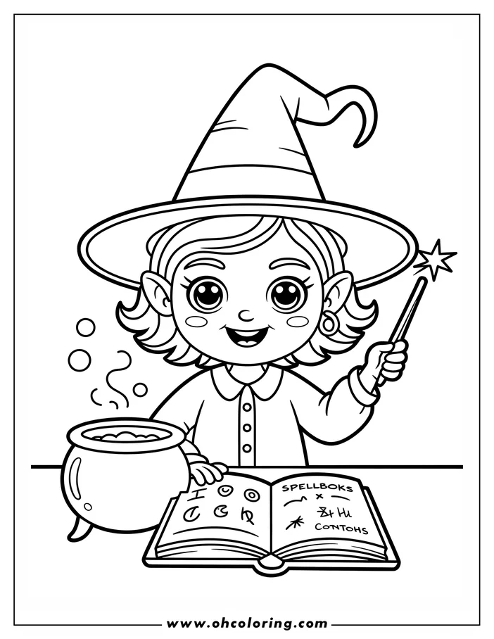 Line art of a young witch with a spellbook and cauldron. She wears a pointed hat and holds a magic wand, with bubbles floating near the cauldron.  This whimsical coloring page design features magical symbols on the open spellbook.