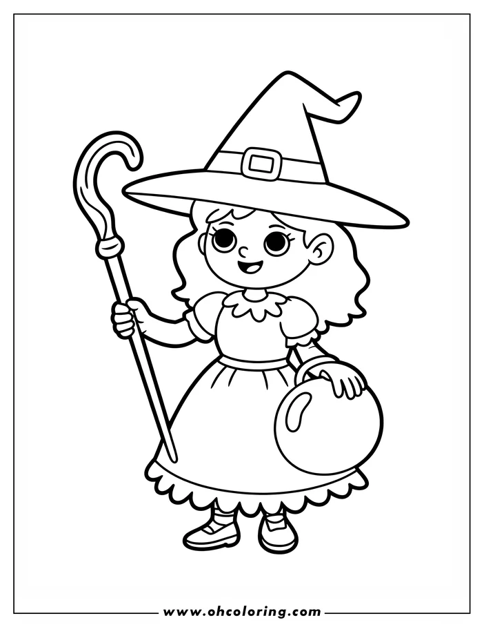 Line art depicting a friendly witch with a pointed hat, holding a staff and carrying a bag, likely filled with treats. This simple drawing is designed as a children's coloring sheet, perfect for Halloween or imaginative play.