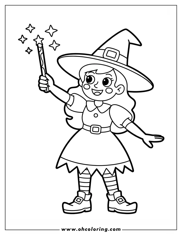 Line art of a smiling witch holding a magic wand, from which stars are emanating. She's wearing a pointed hat and a dress.  A coloring sheet design.