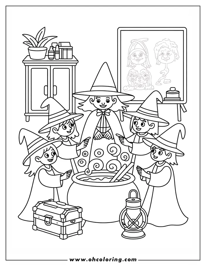 Line art of four witches surrounding a bubbling cauldron. They are wearing pointed hats and capes, with a treasure chest and lantern nearby.  A coloring sheet design for Halloween or imaginative play.