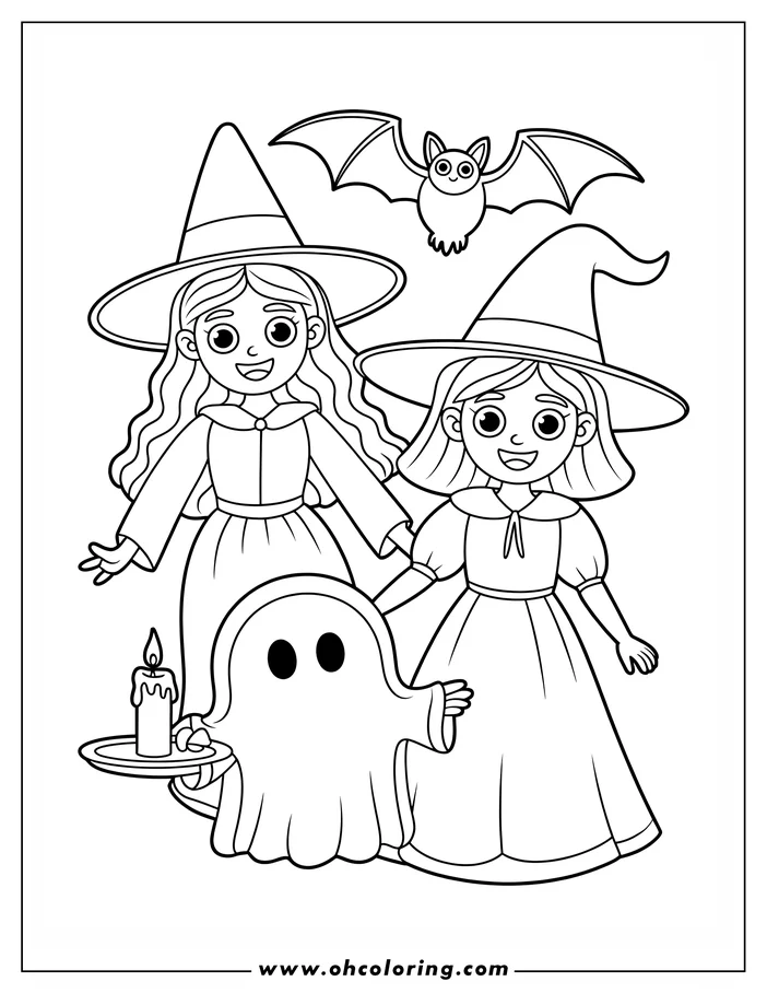 Line art depicting two young witches in pointed hats with a friendly ghost holding a candle on a plate and a bat flying overhead, designed as a Halloween coloring sheet.
