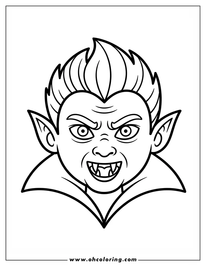 Line art of a young vampire baring fangs. He has pointed ears and wears a cape. This is a coloring sheet design, ideal for Halloween.