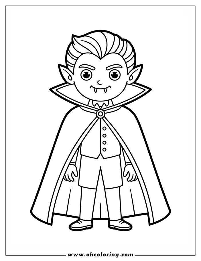 Line art of a young vampire, ready for coloring. The vampire wears a long cape, short pants, and a buttoned vest.  The character has small fangs and a classic vampire hairstyle.