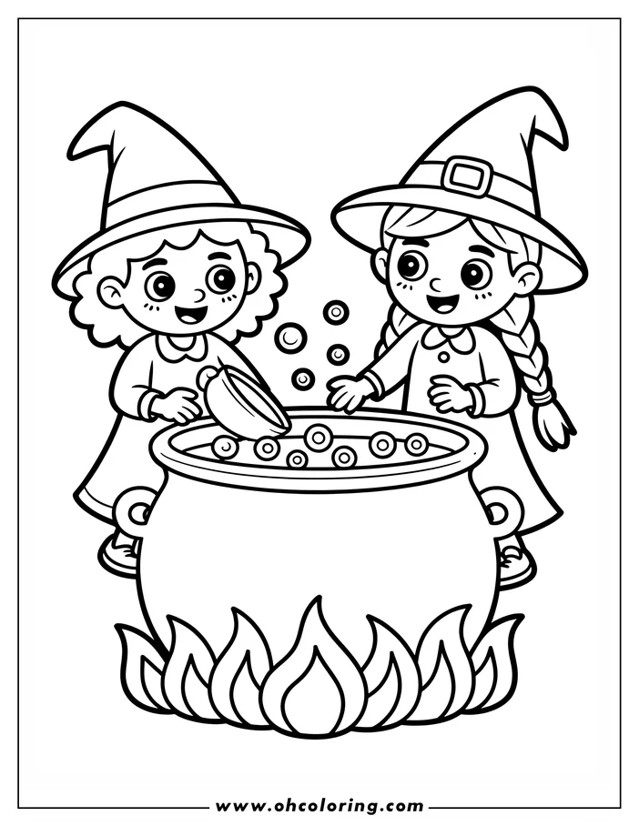Line art of two young witches making a potion in a large cauldron over a fire. One pours from a bowl as the other watches. A fun Halloween coloring page design.