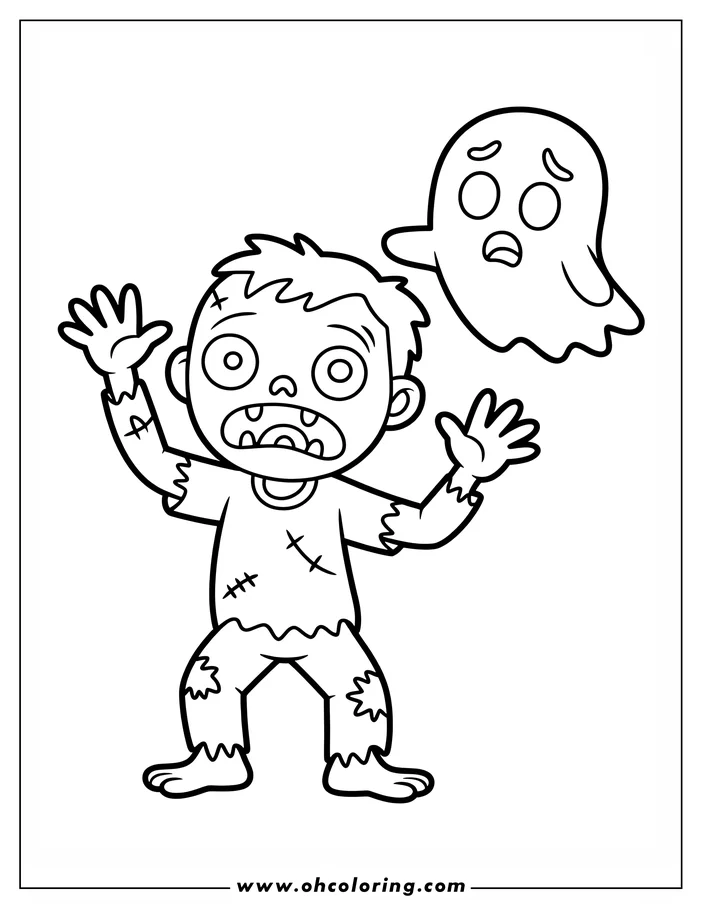 Line art of a Halloween-themed coloring page depicting a startled zombie with tattered clothes and a worried ghost floating nearby.