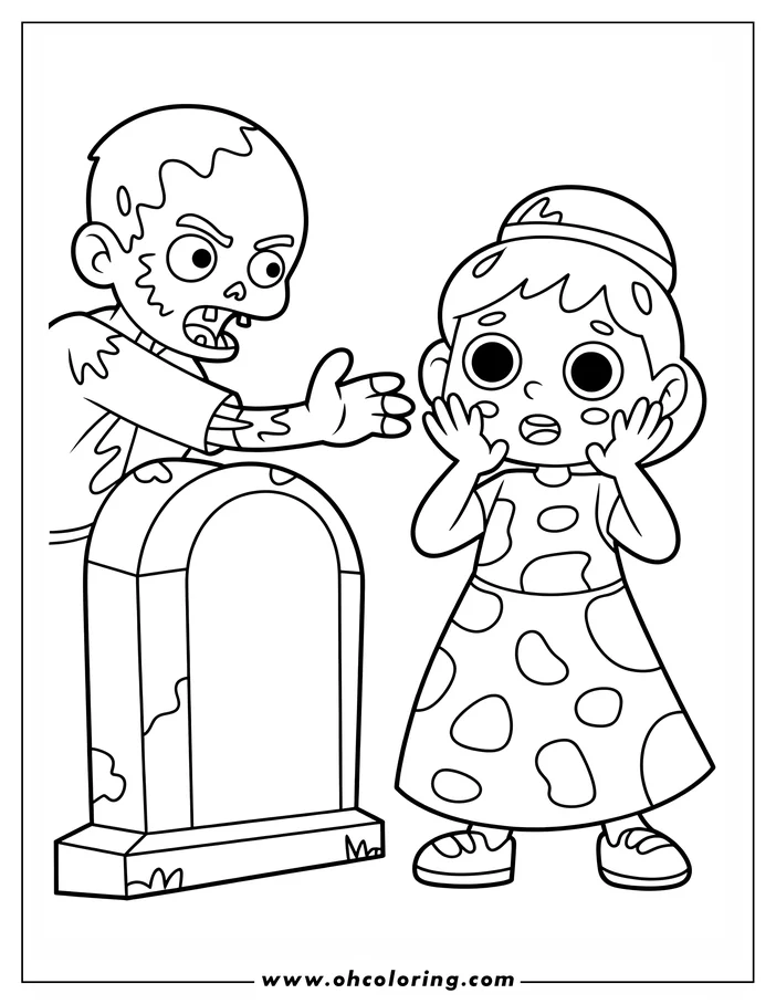Line art of a Halloween scene: A cartoon zombie by a gravestone reaches out to a surprised girl. The girl, wearing a spotted dress, looks alarmed. This is a coloring sheet design ready for printing and coloring.