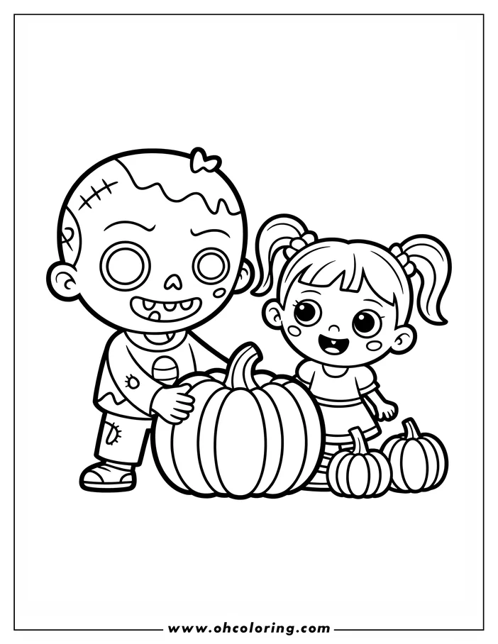 Line art of a Halloween-themed coloring page. A cartoon zombie and girl are standing near three pumpkins. The zombie wears patched clothes, and the girl has pigtails. This coloring sheet design is ready to be printed and colored.