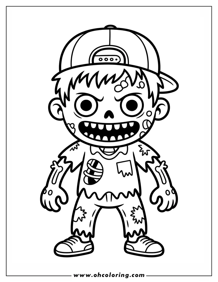 Line art of a zombie boy wearing a backward baseball cap. His clothes are tattered, and his skin shows signs of decay. A simple, spooky drawing perfect for a Halloween coloring activity.