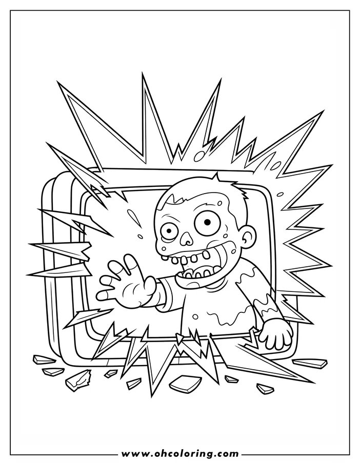 Line art of a cartoon zombie breaking through a TV screen. The zombie has a mischievous grin and is reaching forward.  Jagged cracks and broken glass pieces surround the screen. This is a drawing for coloring.