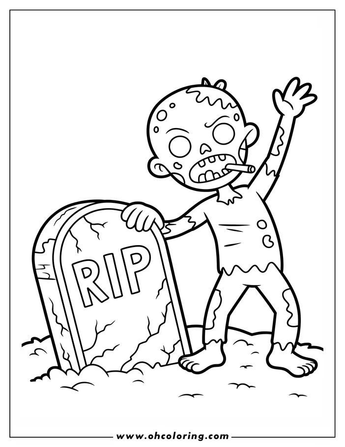 Line art of a cartoon zombie standing by a tombstone. The zombie has tattered clothes, bare feet, and one arm raised. The tombstone has "RIP" on it. This is a coloring page design ready to be printed and colored.