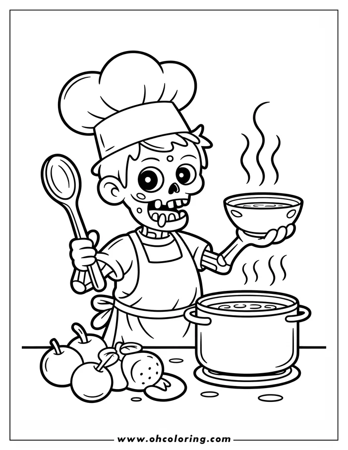 Line art of a zombie chef making soup. He wears a chef's hat and apron, holds a ladle and a bowl of the soup. A pot of soup simmers on the stove, with apples and another fruit beside it, designed as a coloring sheet.