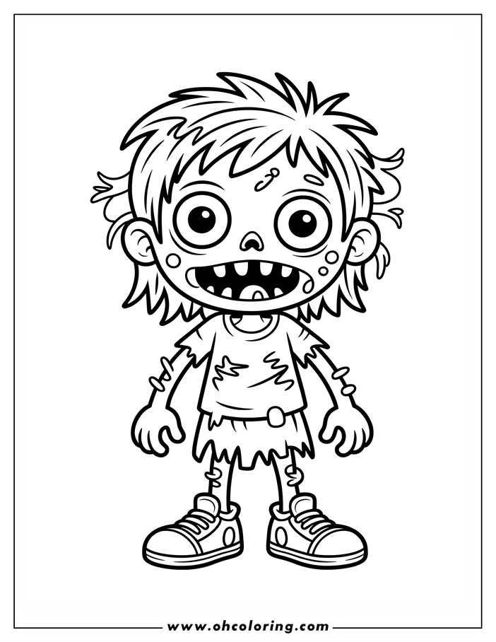 Line art of a cartoon zombie child, ready for coloring. The child has messy hair, tattered clothing, and is grinning widely, revealing teeth and tongue. Its playful expression is ideal for Halloween coloring fun.