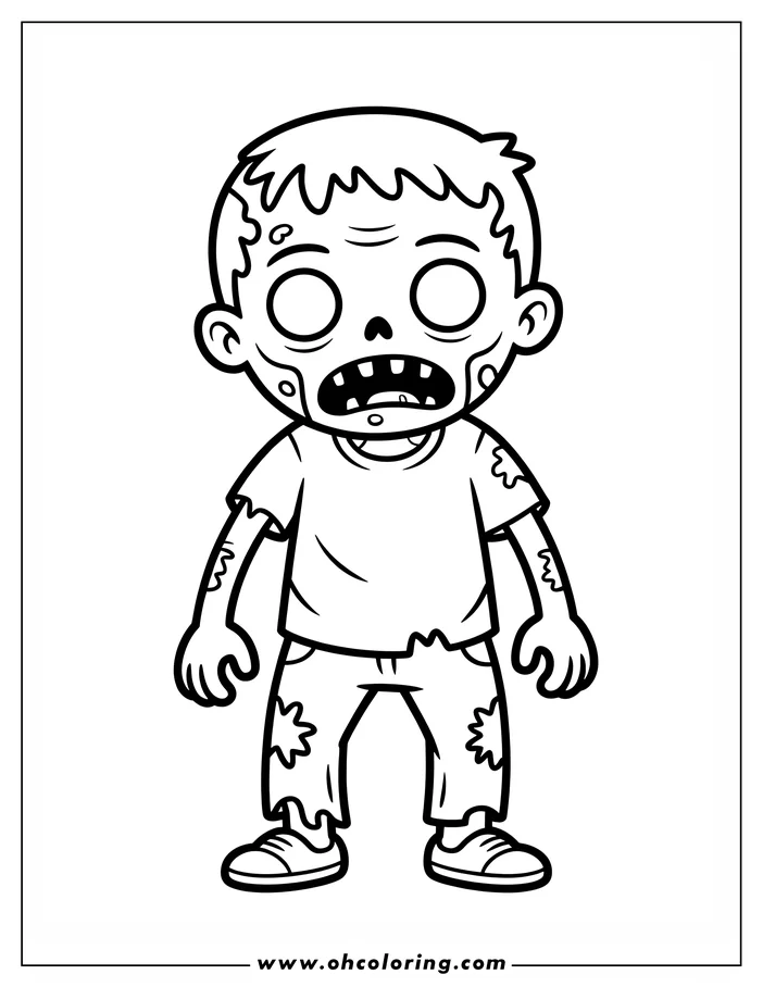 Line art of a cartoon zombie.  The zombie is wearing a tattered shirt and pants and has its mouth open.  This is a coloring sheet design.
