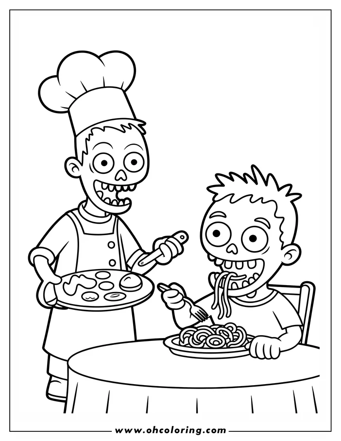 Line art of a zombie child eating spaghetti at a table. A zombie chef stands next to the child holding a tray of food. This drawing is a coloring sheet design.