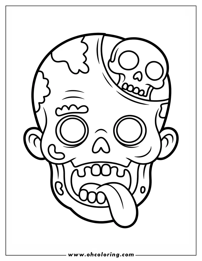 Line art of a zombie head with an exposed skull on top.  The zombie has a large, playful grin with its tongue sticking out and large, round eyes. A coloring sheet design perfect for Halloween.