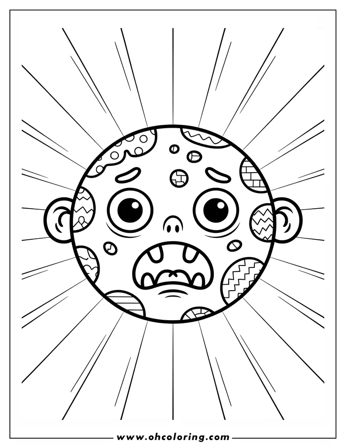 Line art of a zombie face with large, expressive eyes and varied skin patterns and textures, designed as a coloring sheet. The face takes up most of the image, centered against a backdrop of radiating lines.