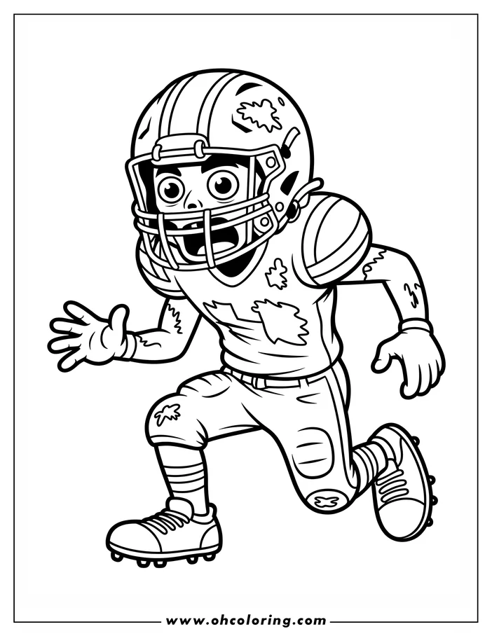 Line art of a zombie football player running. He has a tattered uniform and is wearing a helmet. This is a drawing for a coloring page.