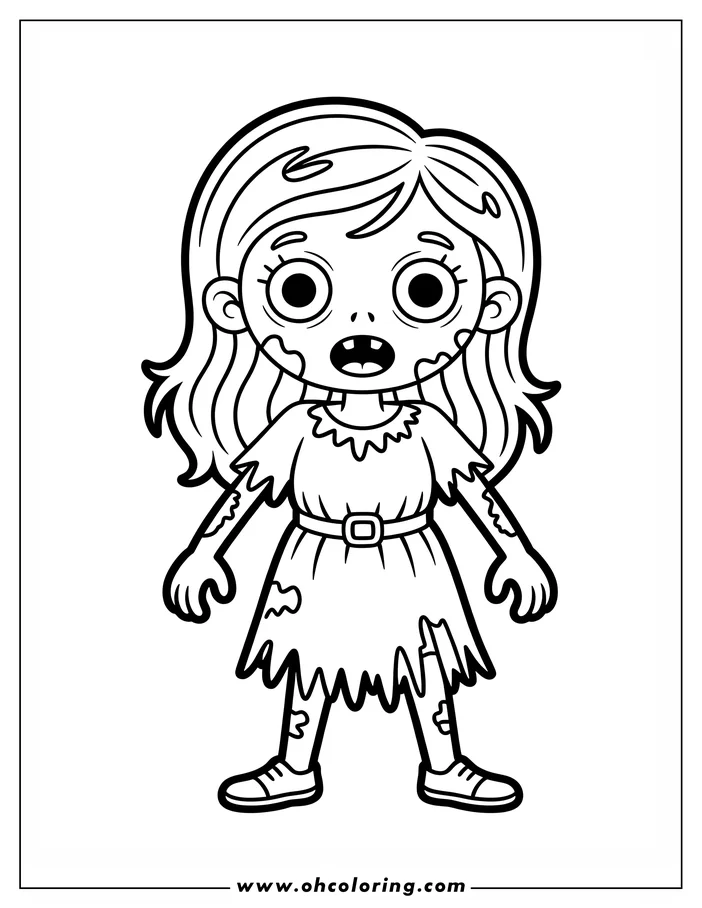 Line art of a zombie girl, ready for coloring.  She has a tattered dress and messy hair, with patches of dirt on her skin.  Her large eyes are wide, giving her a surprised expression.