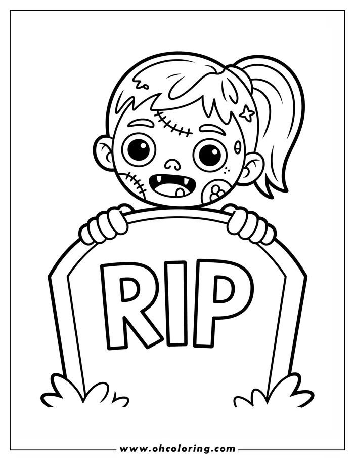 Line art of a zombie girl with stitches on her face and a star in her hair. She is peeking over a tombstone with RIP written on it. This is a coloring sheet design.