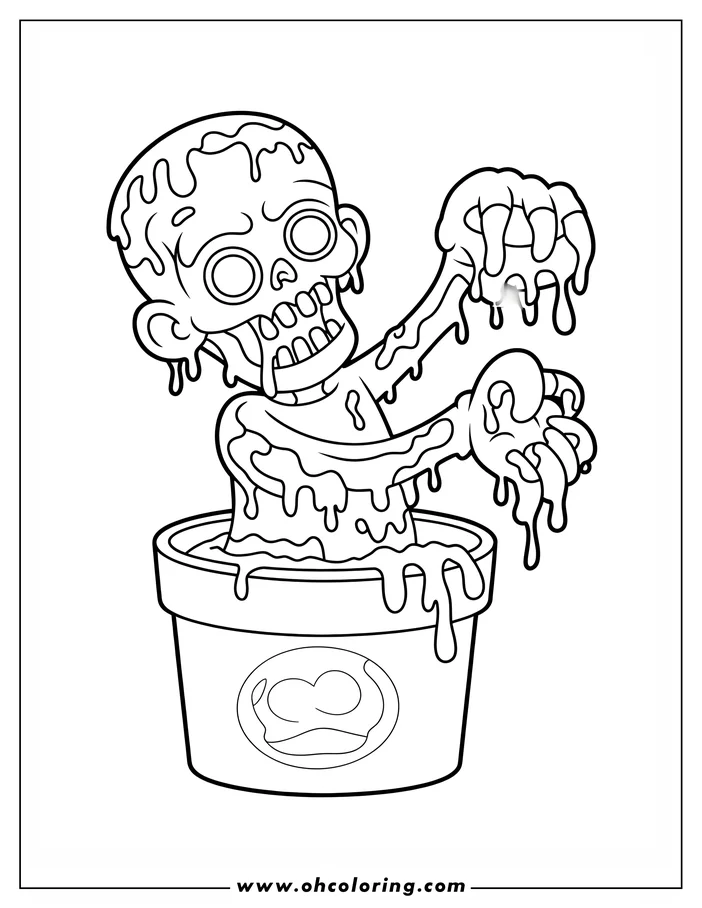 Line art of a cartoon zombie rising from a cup. Goo drips from its head and arms as it reaches out. This Halloween-themed coloring sheet is ready for spooky fun!