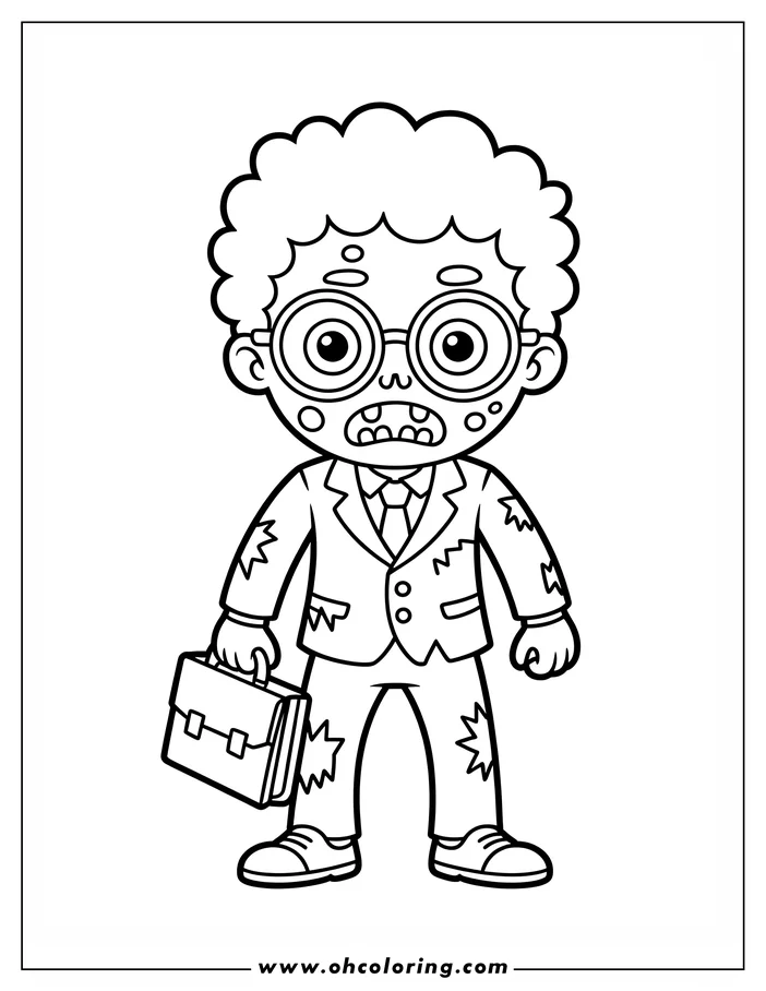 Line art of a zombie wearing a tattered suit and carrying a briefcase.  The zombie has round glasses and messy hair, and its clothes are torn.  This drawing is designed as a coloring sheet.