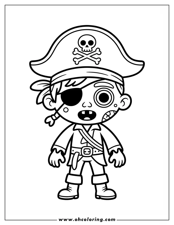 Line art of a cartoon zombie pirate. He wears a pirate hat, eye patch, and tattered clothes, and his skin shows signs of decay. This detailed drawing is a coloring sheet design perfect for Halloween.