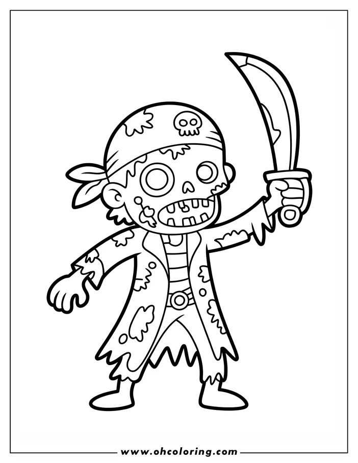 Line art of a cartoon zombie pirate holding a raised sword. The pirate wears a tattered hat with a skull and bandana, and ripped clothing. This coloring sheet design highlights the spooky pirate theme.