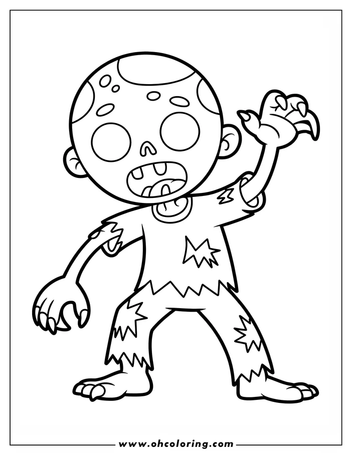 Line art of a cartoon zombie reaching out. The zombie has a round head with patches, tattered clothes, and its mouth is open showing teeth and tongue. This is a drawing for coloring.