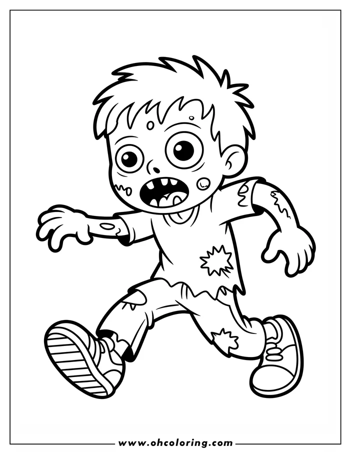Line art of a cartoon zombie running. The zombie has messy hair and torn clothes. Its mouth is open, and it appears to be running forward. This is a coloring sheet design.