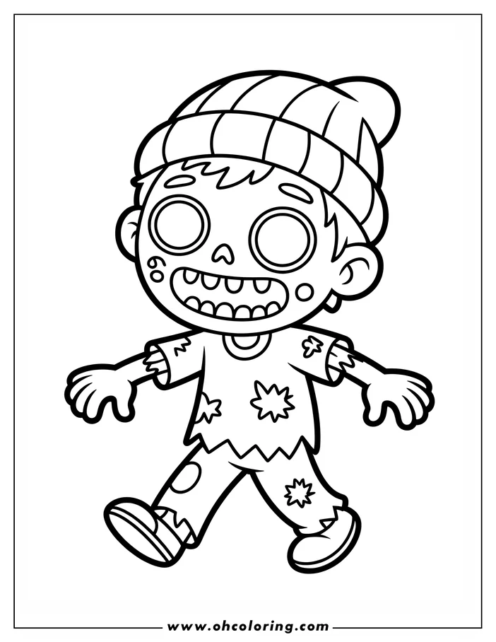 Line art of a cartoon zombie walking. The zombie wears a beanie, a tattered shirt and pants, and simple shoes. This drawing is designed as a coloring sheet.
