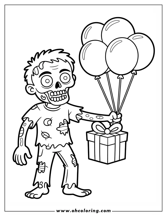 Line art of a zombie holding balloons and a gift. The zombie has spiky hair and torn clothing.  This drawing is a coloring sheet design.